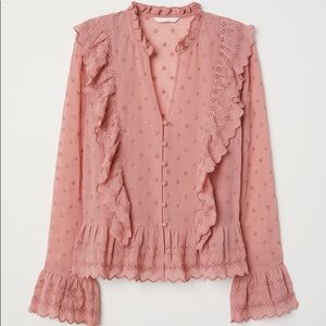 H&M PINK EMBROIDERED EYELET V-NECK RUFFLED Romantic Feminine Top